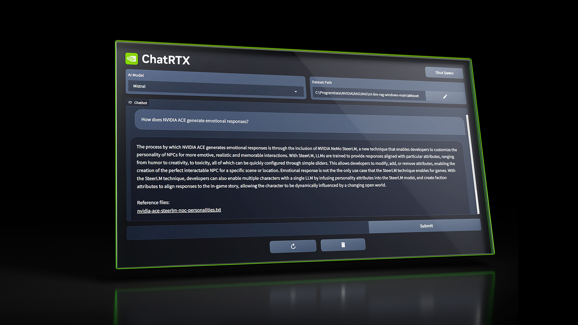 A screen grab of ChatRTX with a prompt and the corresponding response 