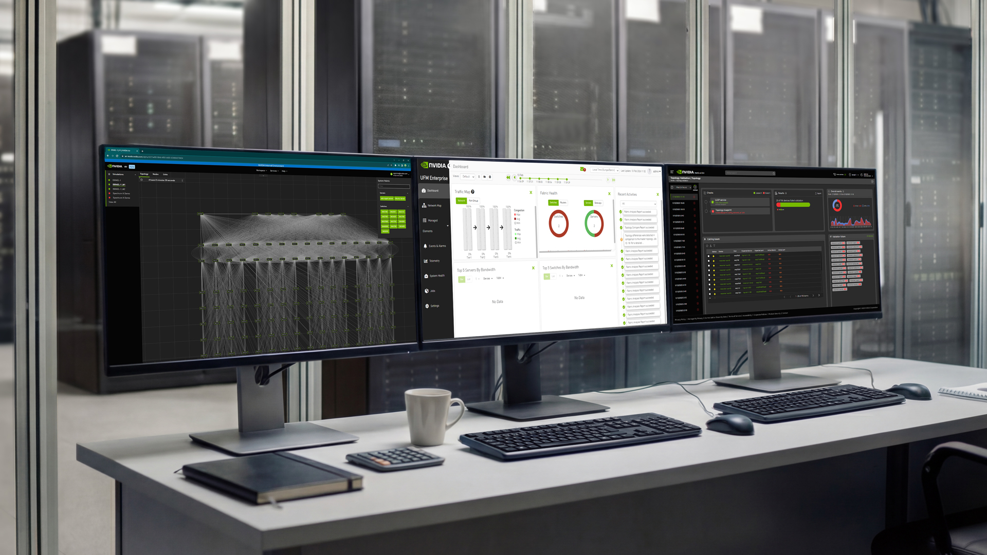 Terminals displaying NVIDIA DSX Air, NetQ, and UFM software GUIs