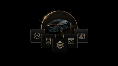 Autonomous Vehicle with halo and multiple icons around it representing NVIDIA Alpamayo